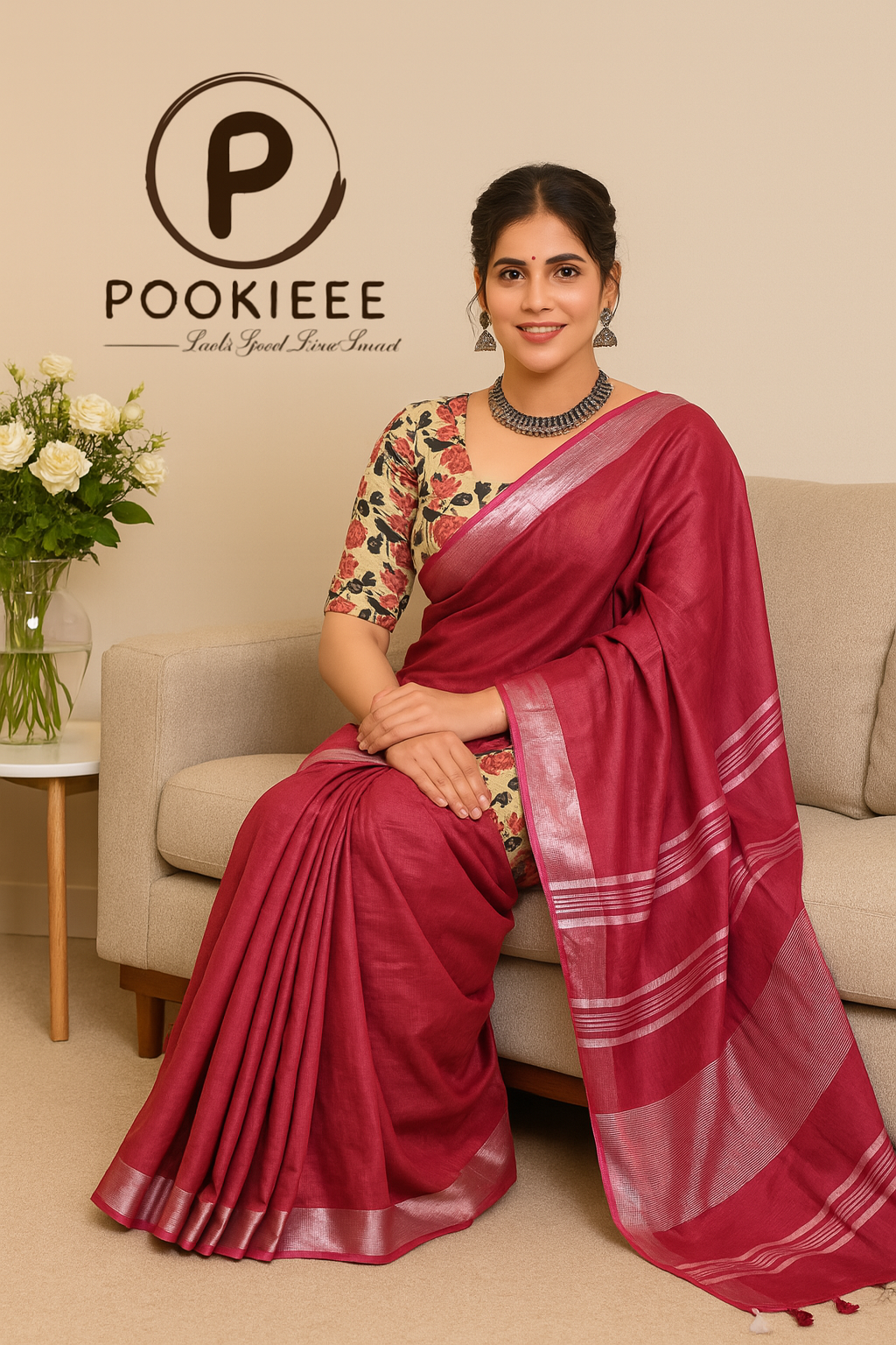 Plain Cotton Linen Saree with Blouse Piece